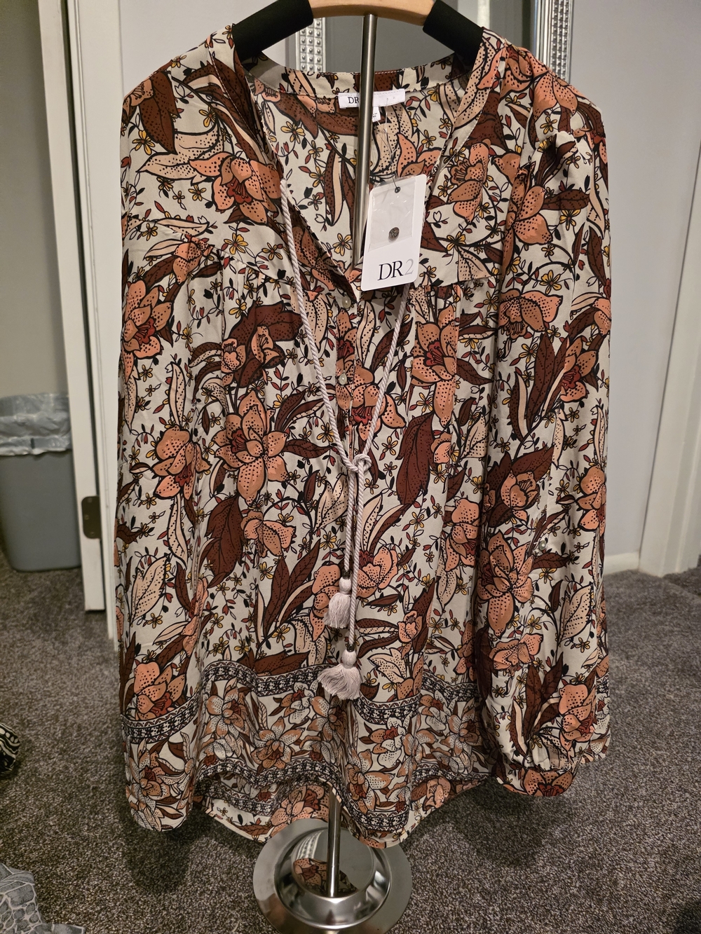 DR2 Floral Boho Peasant Blouse in Cream, Rust & Brown